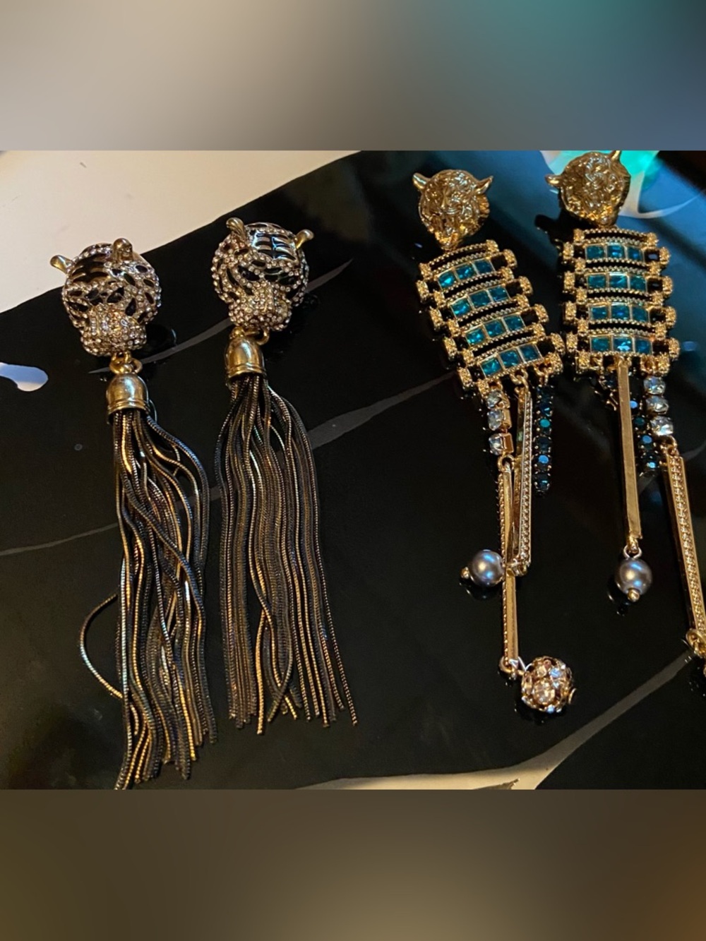 KJL Tiger Tassel Earrings and Fanstar Teal Crystal Drop Earrings — 2 pairs